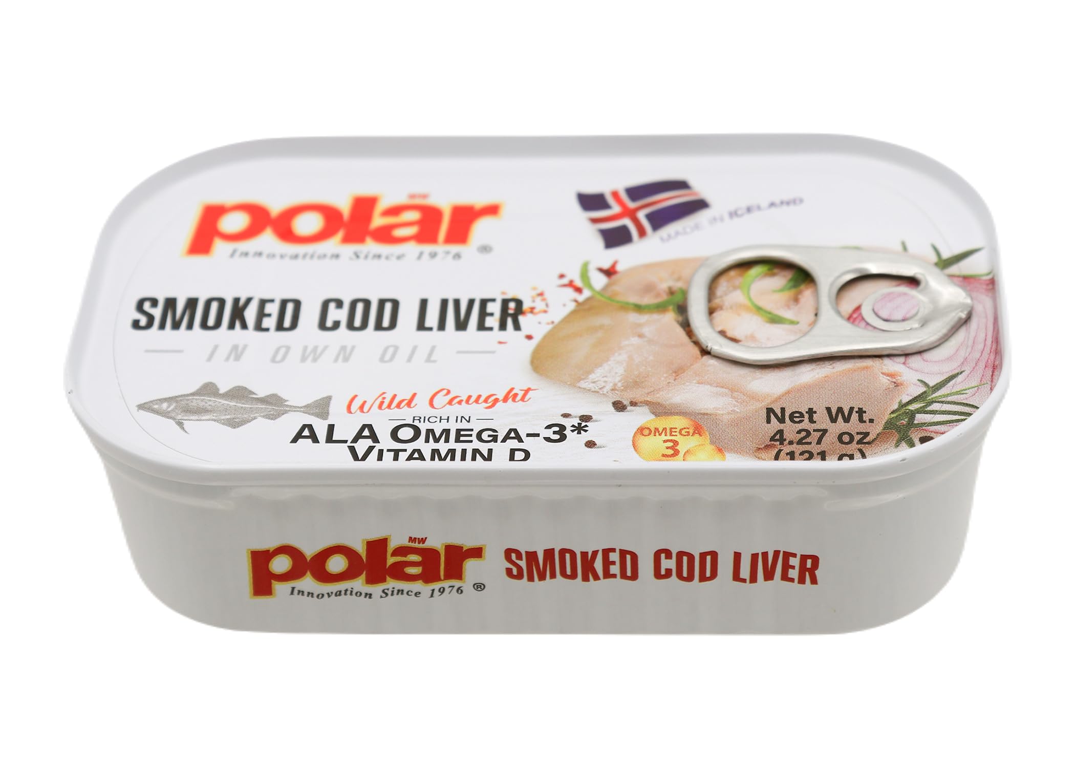 MW Polar golden oil glaze over cod liver close-up