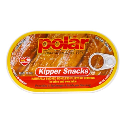 MW Polar kipper snacks nutrition panel highlights omega-3 and vitamin D.
