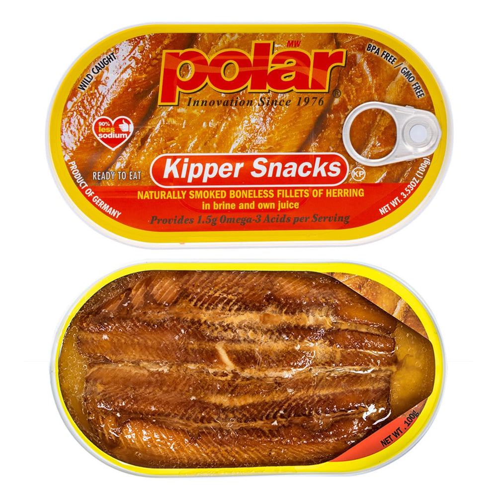 MW Polar kipper snacks ready-to-eat can, no prep needed.