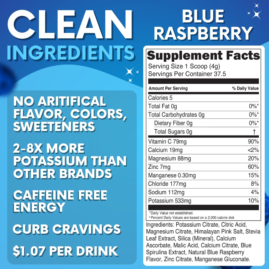 Resealable cap on the blue raspberry electrolyte tub for convenient on-the-go hydration.