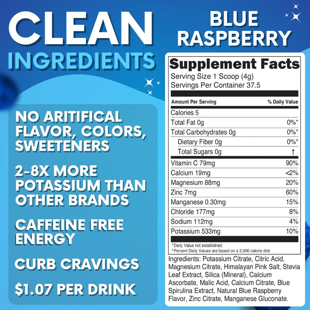 Resealable cap on the blue raspberry electrolyte tub for convenient on-the-go hydration.