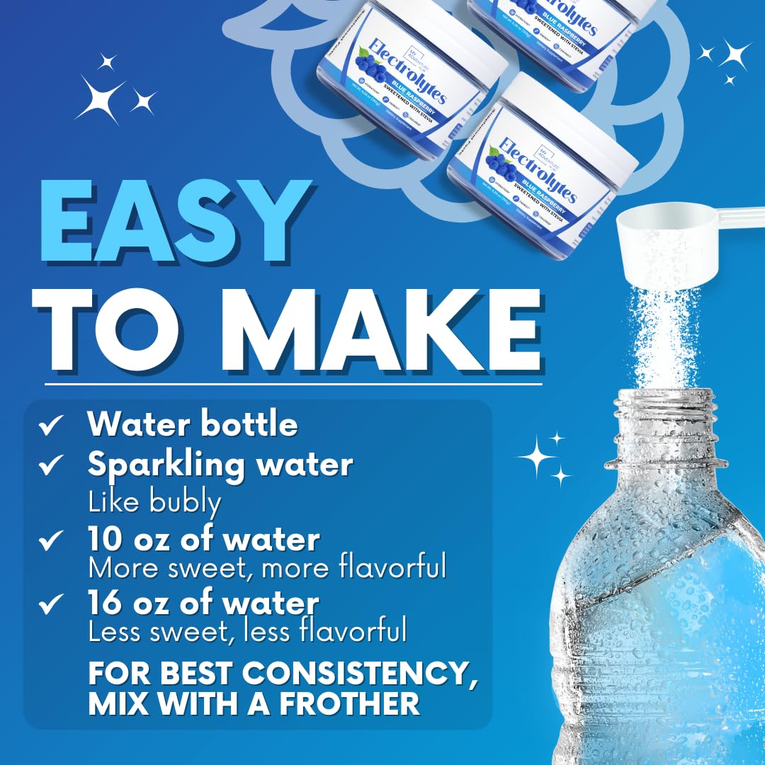 Blue Raspberry electrolytes powder mixed in glass for caffeine-free energy and hydration.