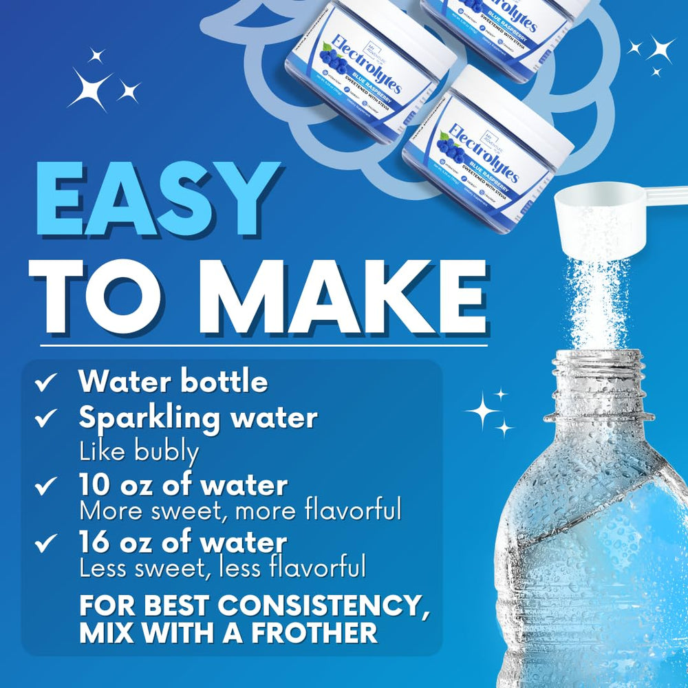 Blue Raspberry electrolytes powder mixed in glass for caffeine-free energy and hydration.
