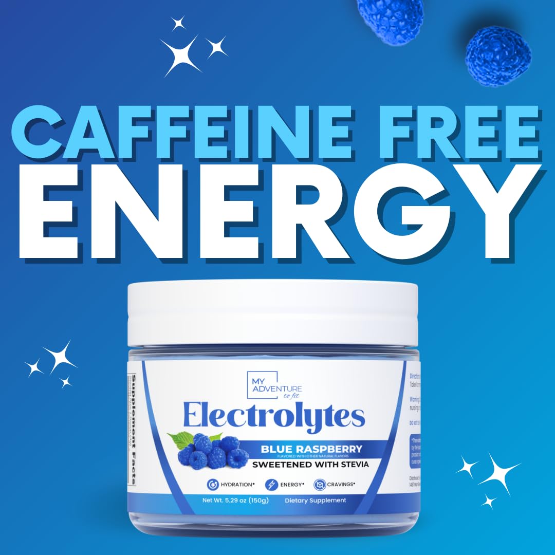 Nutrition label close-up on blue raspberry electrolyte powder with natural ingredients.