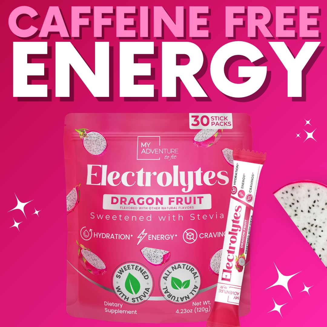 My Adventure to Fit Dragon Fruit Electrolytes Stick packaging highlights vegan, keto, paleo suitability