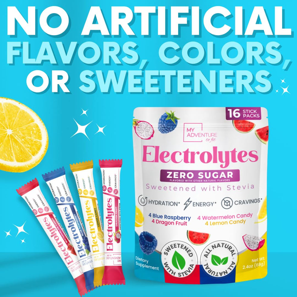 My Adventure to Fit electrolytes blue raspberry packet for gym hydration and energy.