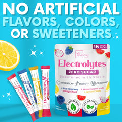 My Adventure to Fit electrolytes blue raspberry packet for gym hydration and energy.