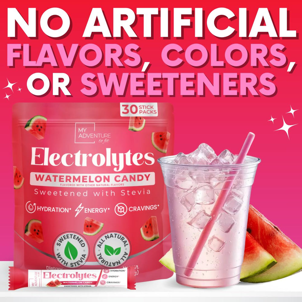 My Adventure to Fit Watermelon Electrolytes label close-up showing sugar-free formula