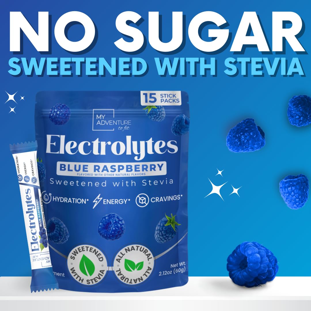 My Adventure to Fit Zero Sugar blue raspberry package closeup emphasizes all-natural ingredients.