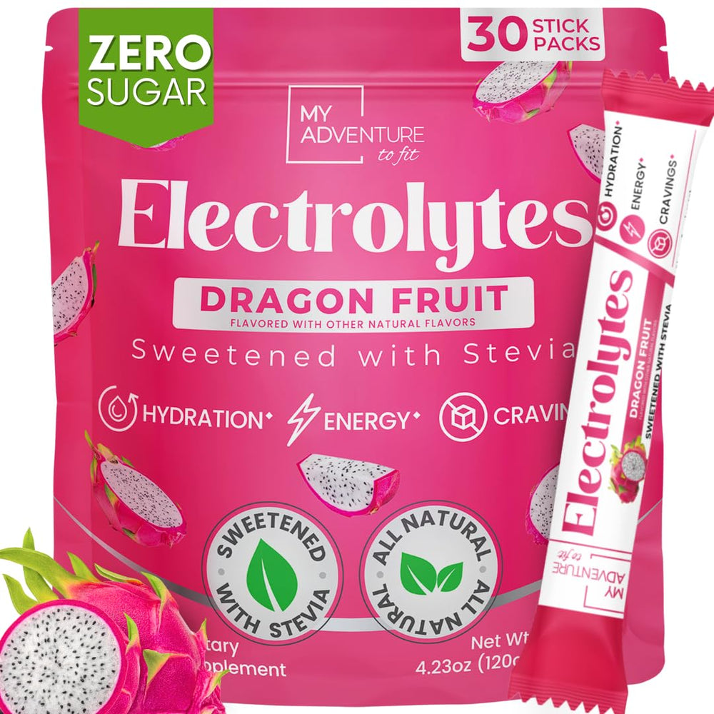 My Adventure to Fit Dragon Fruit Electrolytes Stick poured into a glass for refreshing hydration