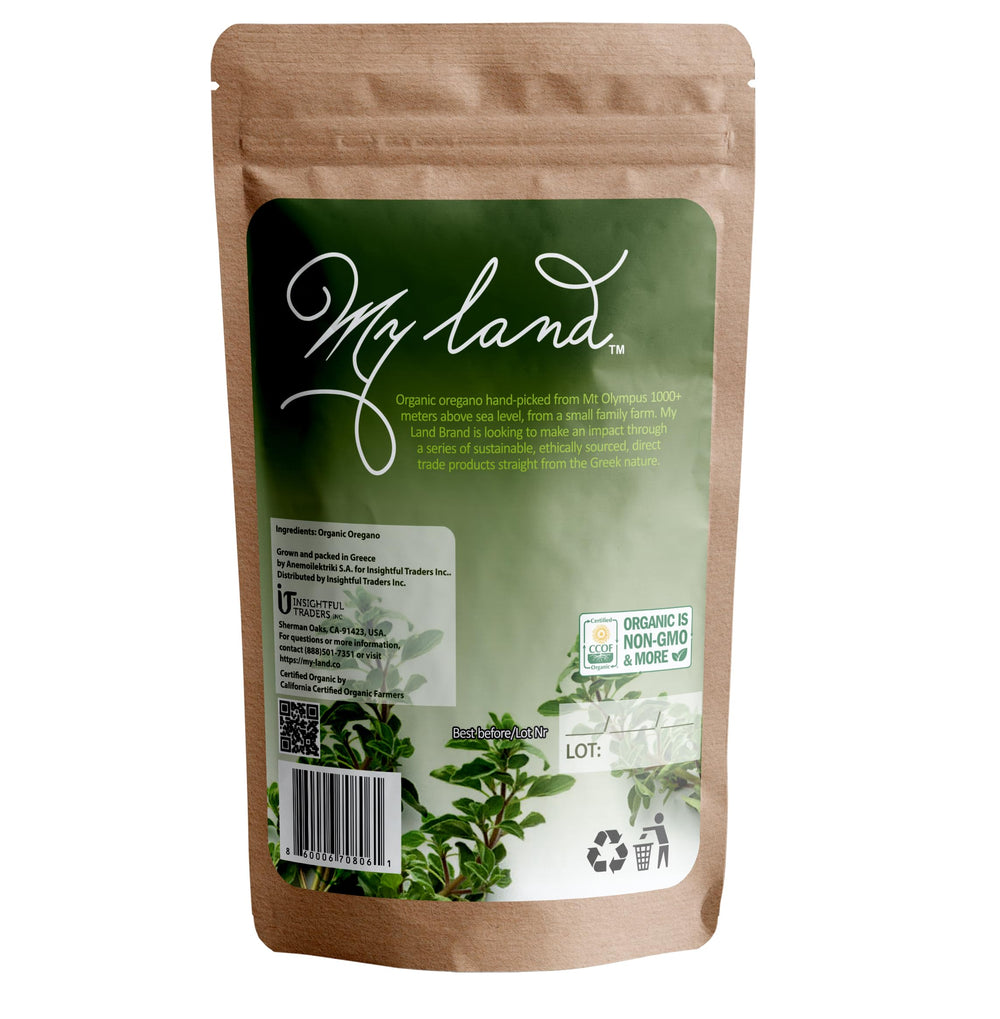 MY LAND oregano bag open on counter with fresh scent for sauces.