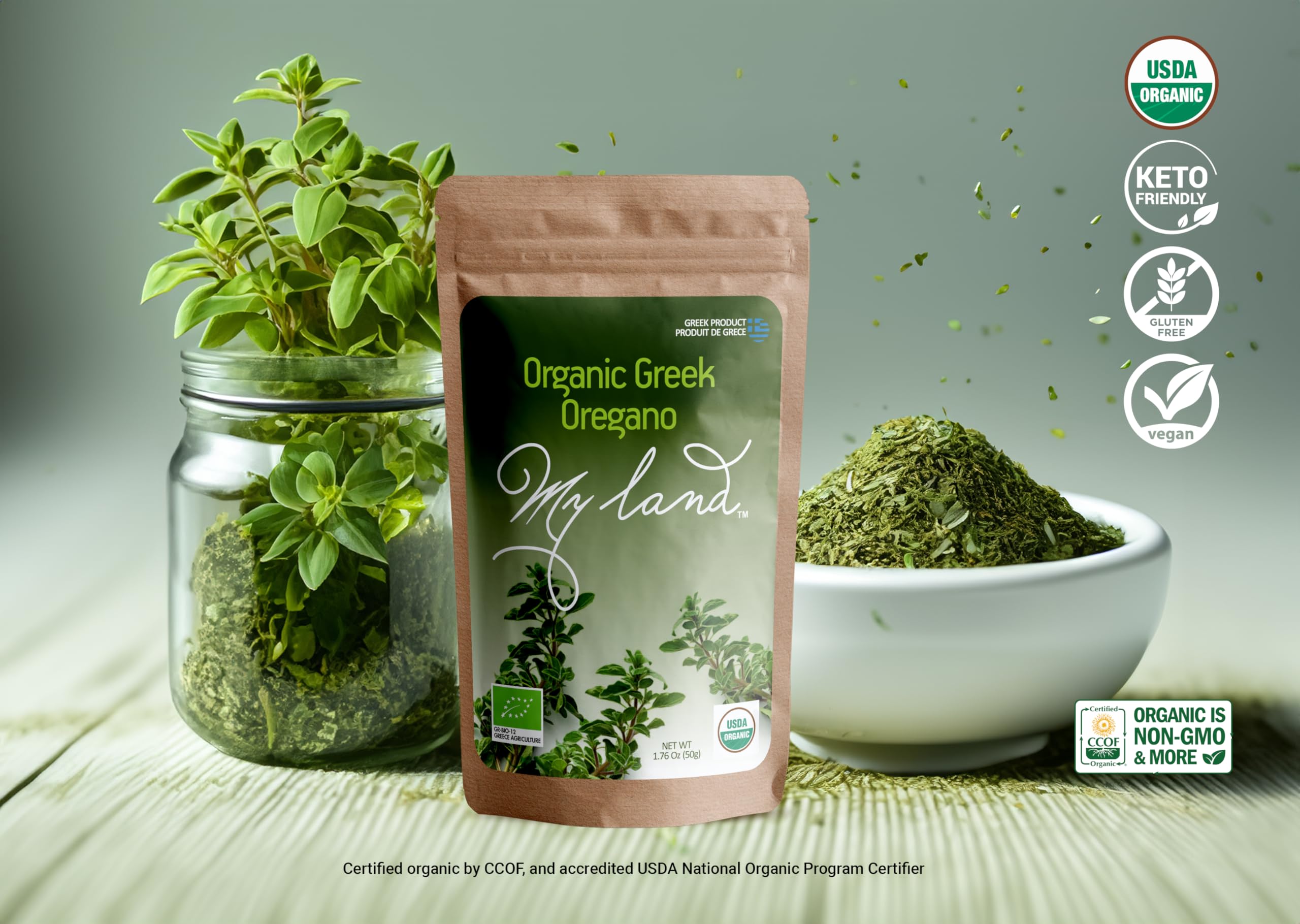 MY LAND oregano on a kitchen counter for easy, ready-to-use seasoning.