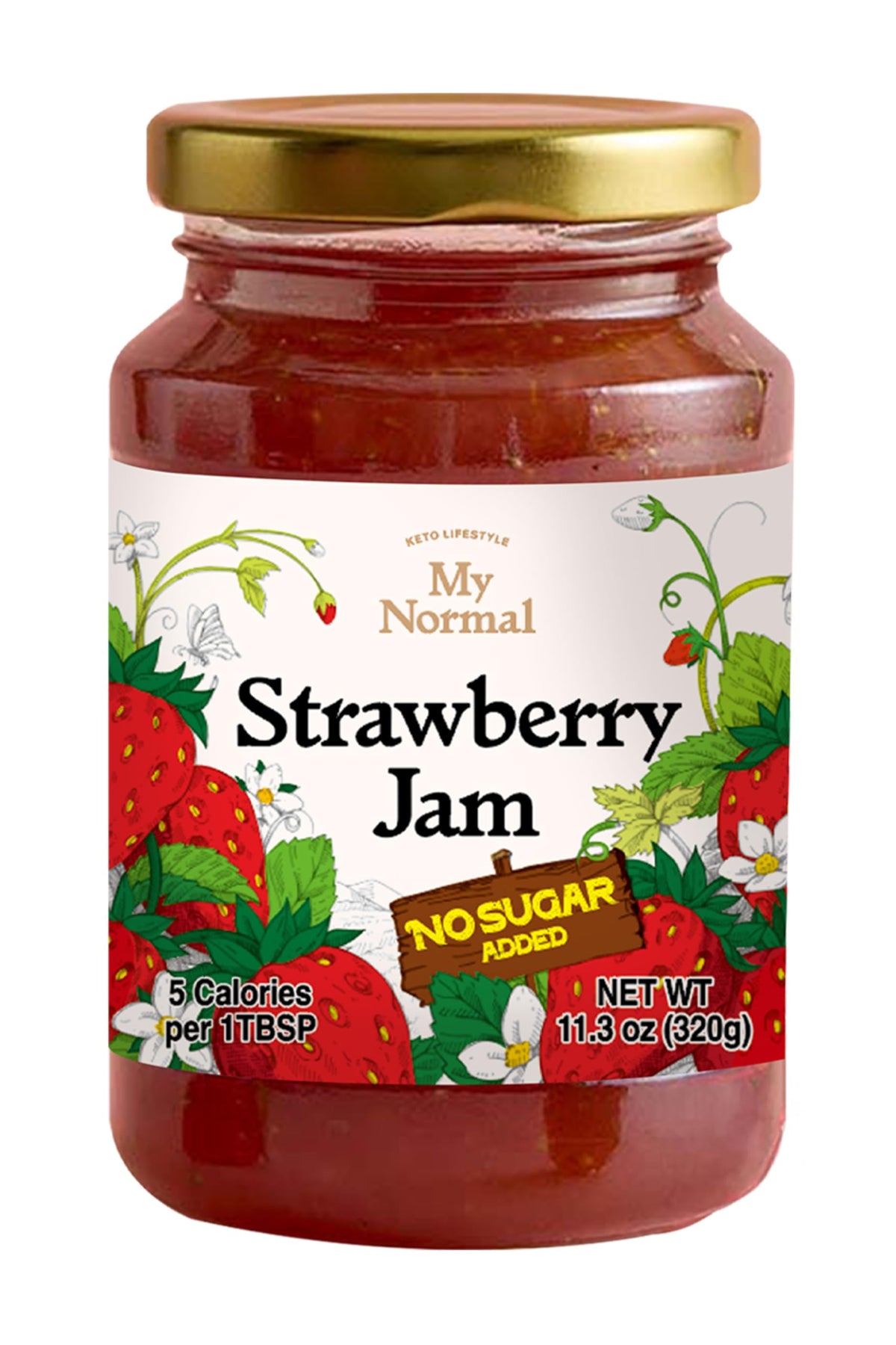 My Normal Strawberry Jam on a wooden counter shows authentic fruit flavor.