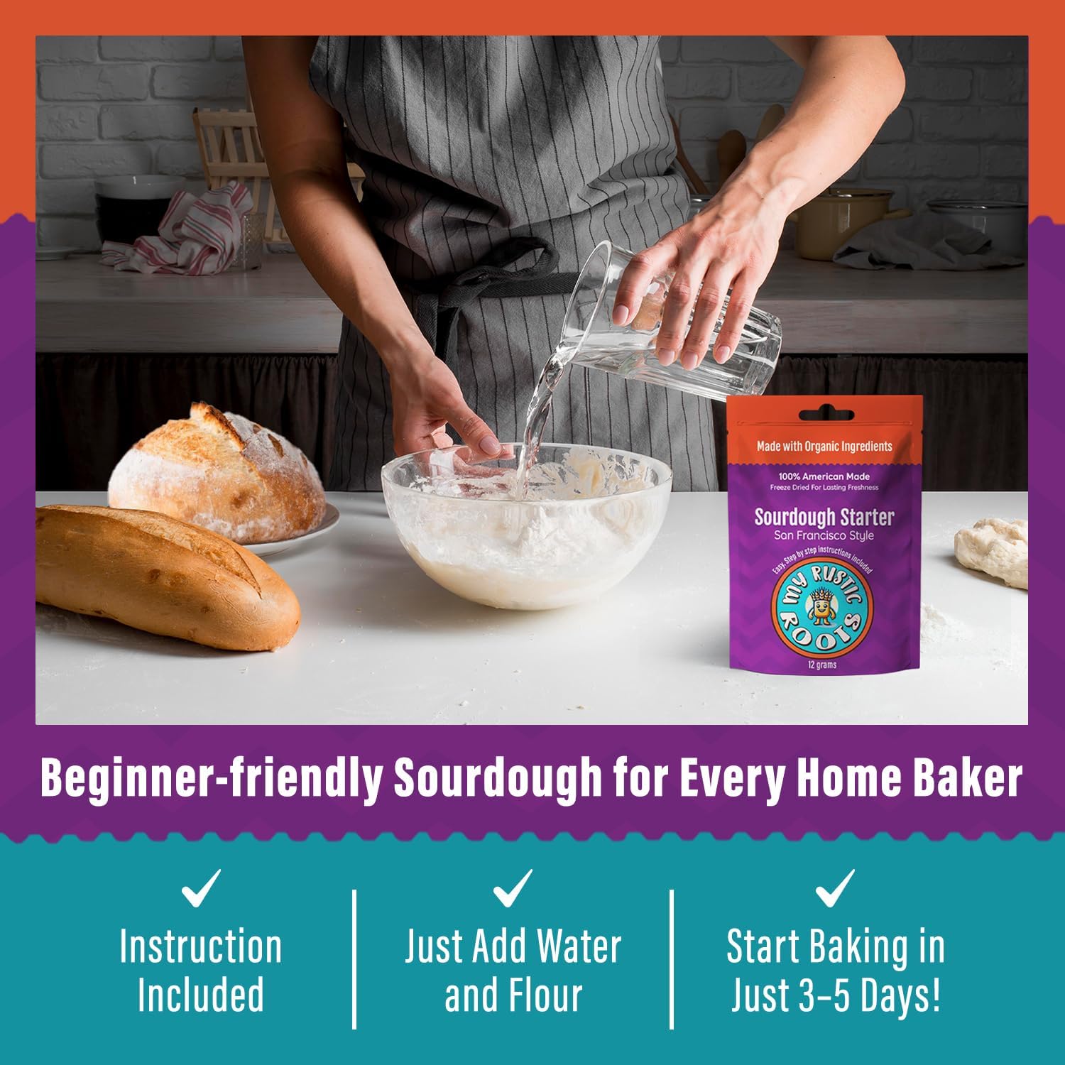 My Rustic Roots bake day setup showcasing easy-to-use starter for daily bread