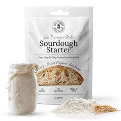 My Rustic Roots SF sourdough starter in a jar, ready for daily baking.
