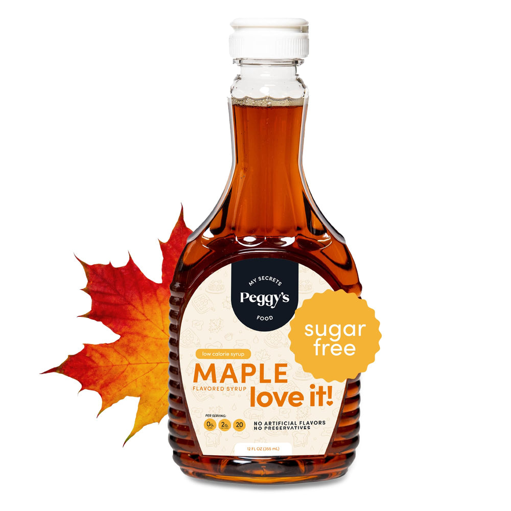 Peggy's Food sugar-free maple syrup bottle pour for keto-friendly breakfasts