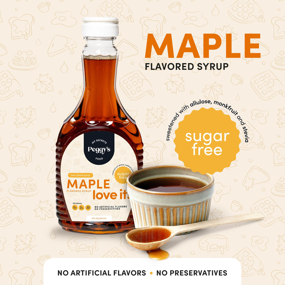 Peggy's Food sugar-free maple syrup glass bottle close-up