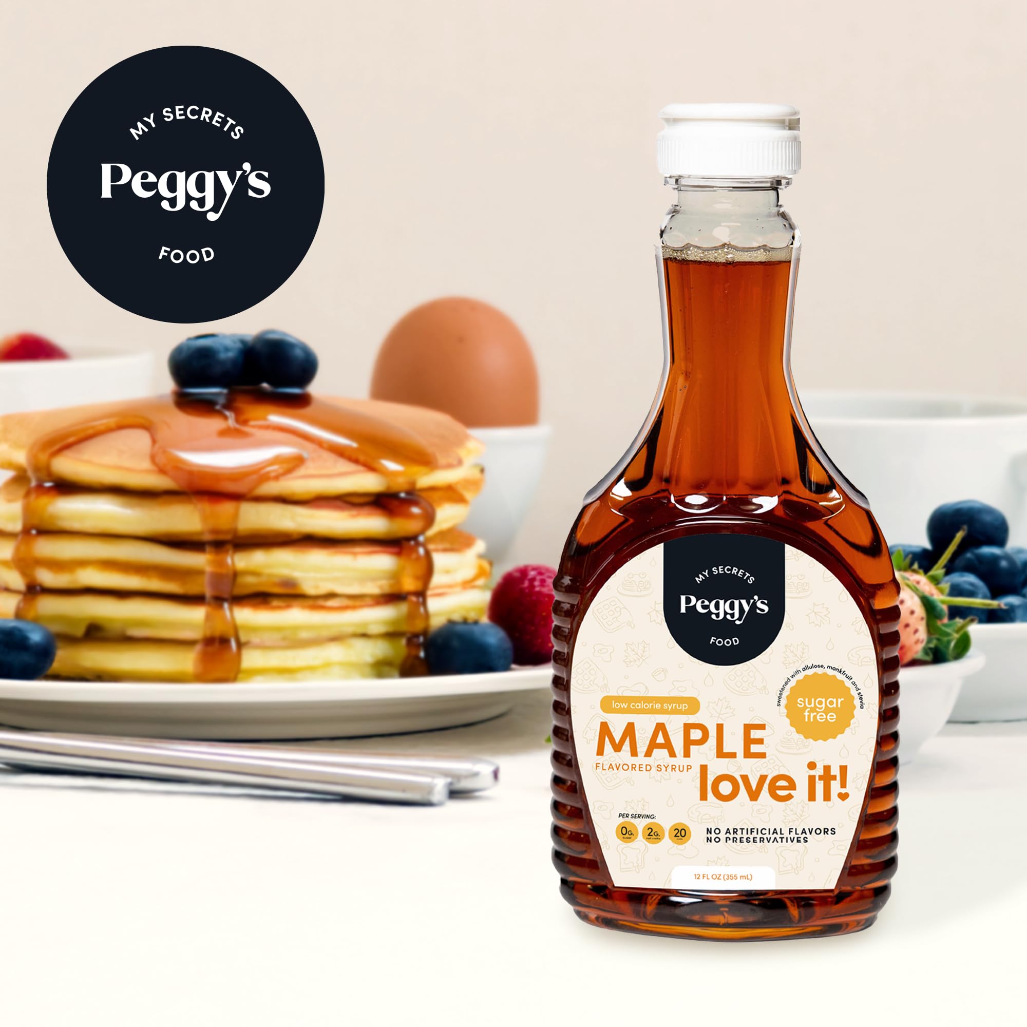 Peggy's Food sugar-free maple syrup drizzle on oatmeal or yogurt