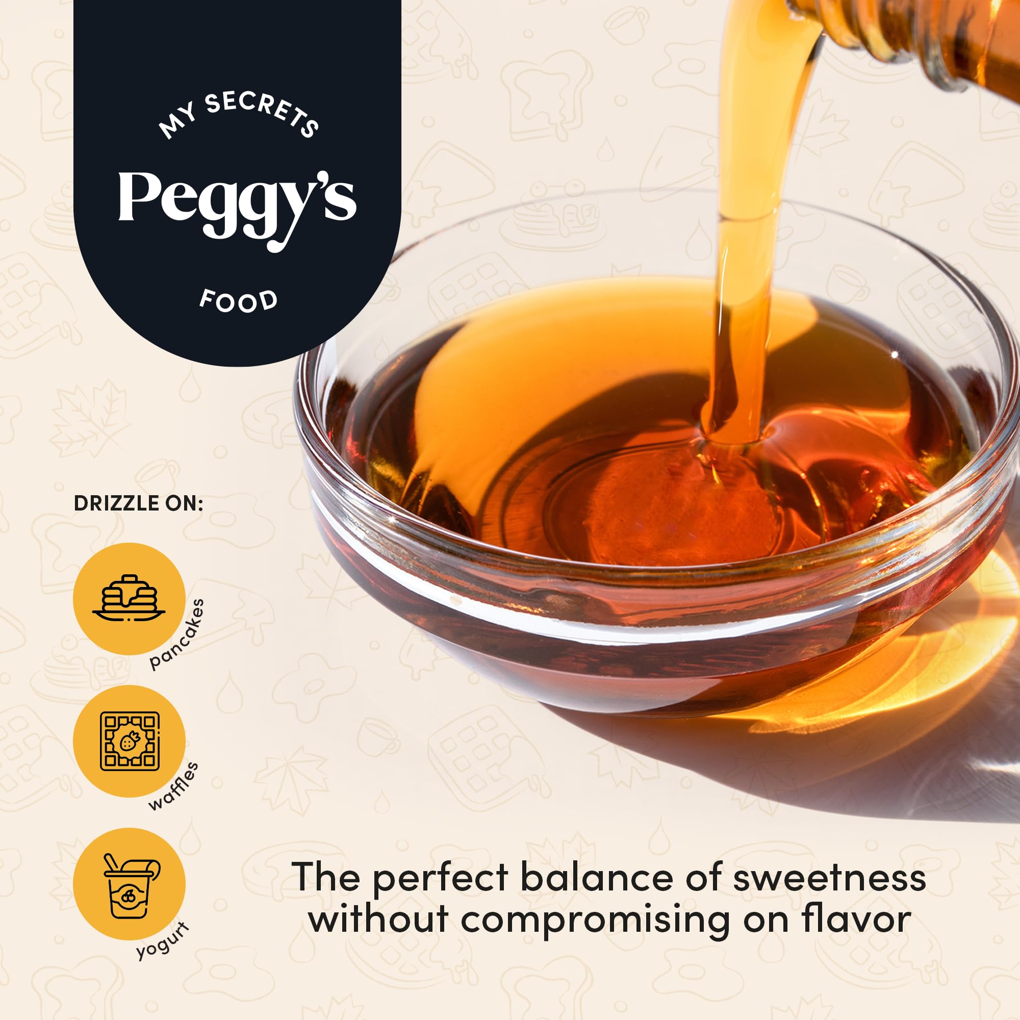 Peggy's Food sugar-free maple syrup packaging label highlights gluten-free vegan