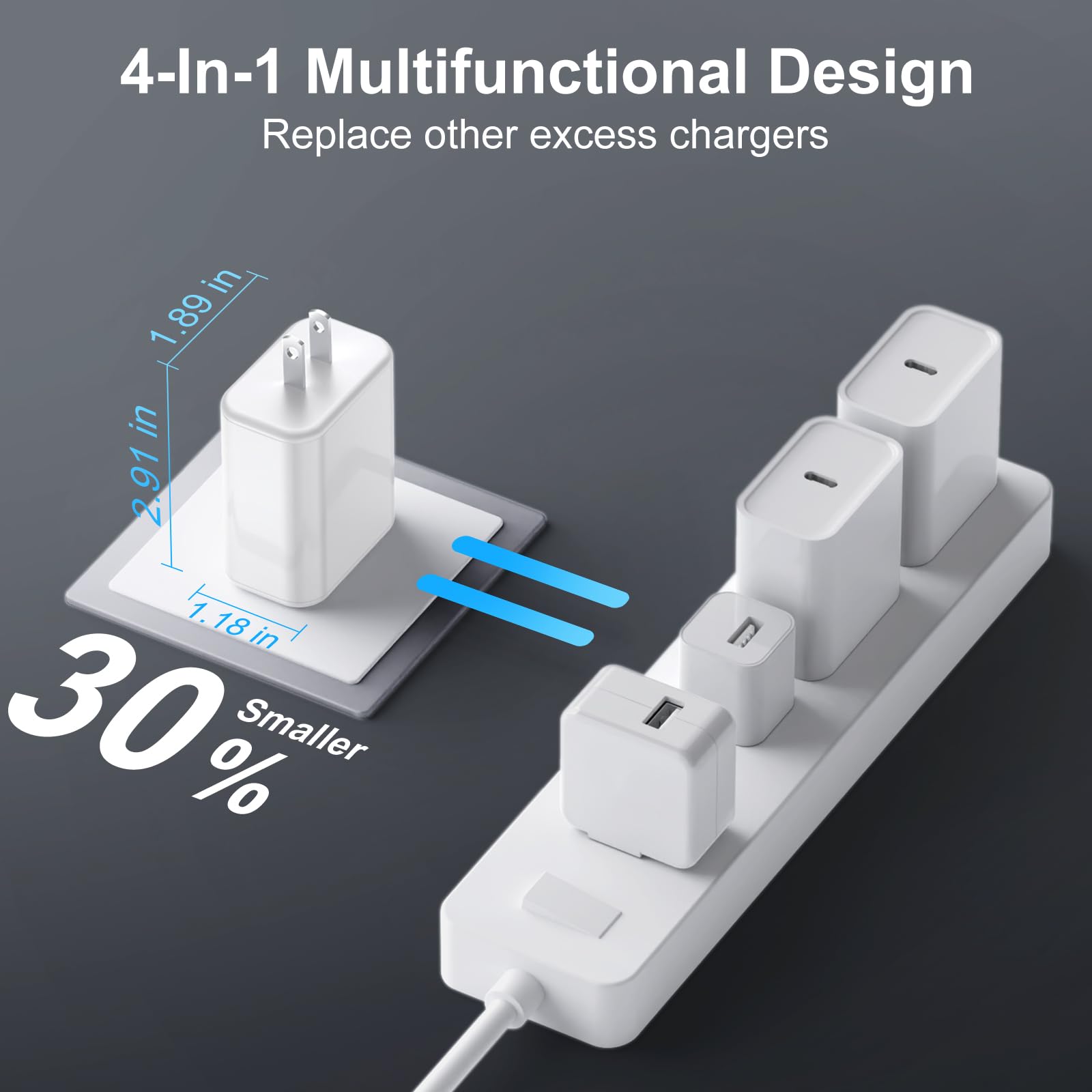 Compact travel design of MYBEER charger block fits bags and desks
