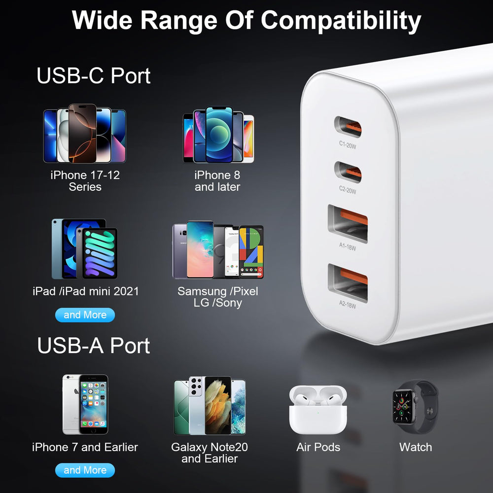 MYBEER charger block displays two USB-C and two USB-A ports