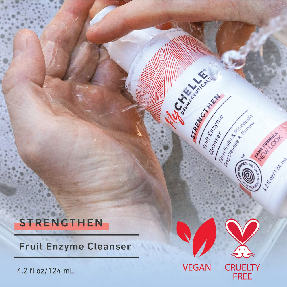 Close-up of cleanser texture showing creamy lather from fruit enzymes