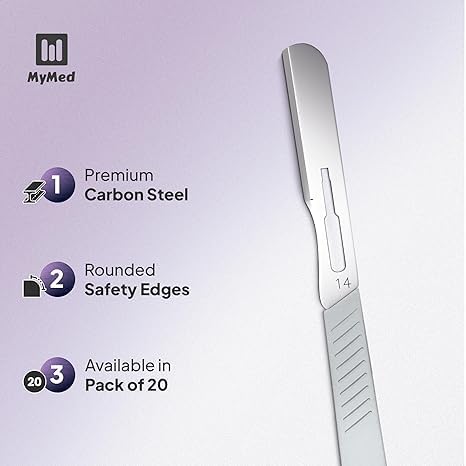 MyMed dermaplane razor close-up blade for precise peach fuzz removal.