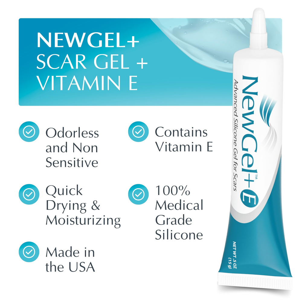 Close-up of the tube shows the clinical-grade silicone formula.