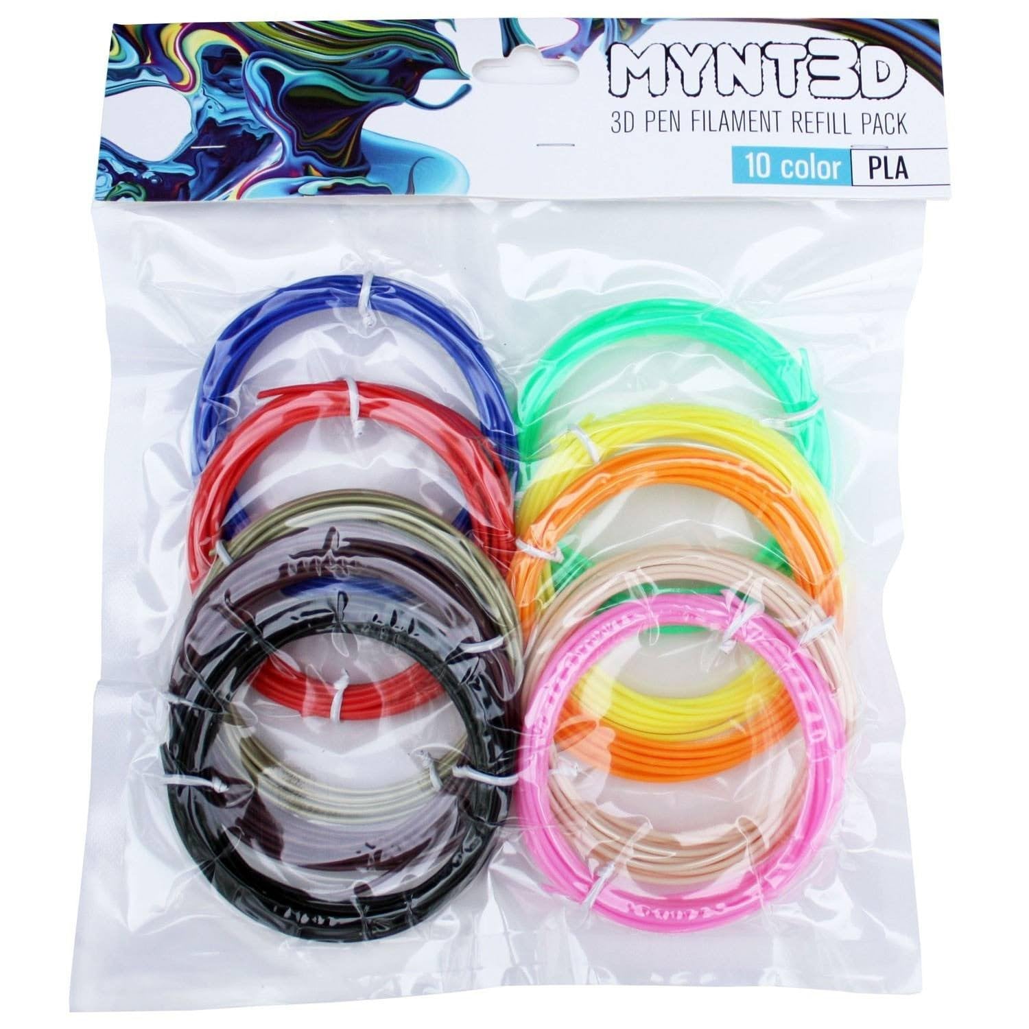 MYNT3D PLA filament refill 10-color pack for 3m each, odor-free printing compatibility.