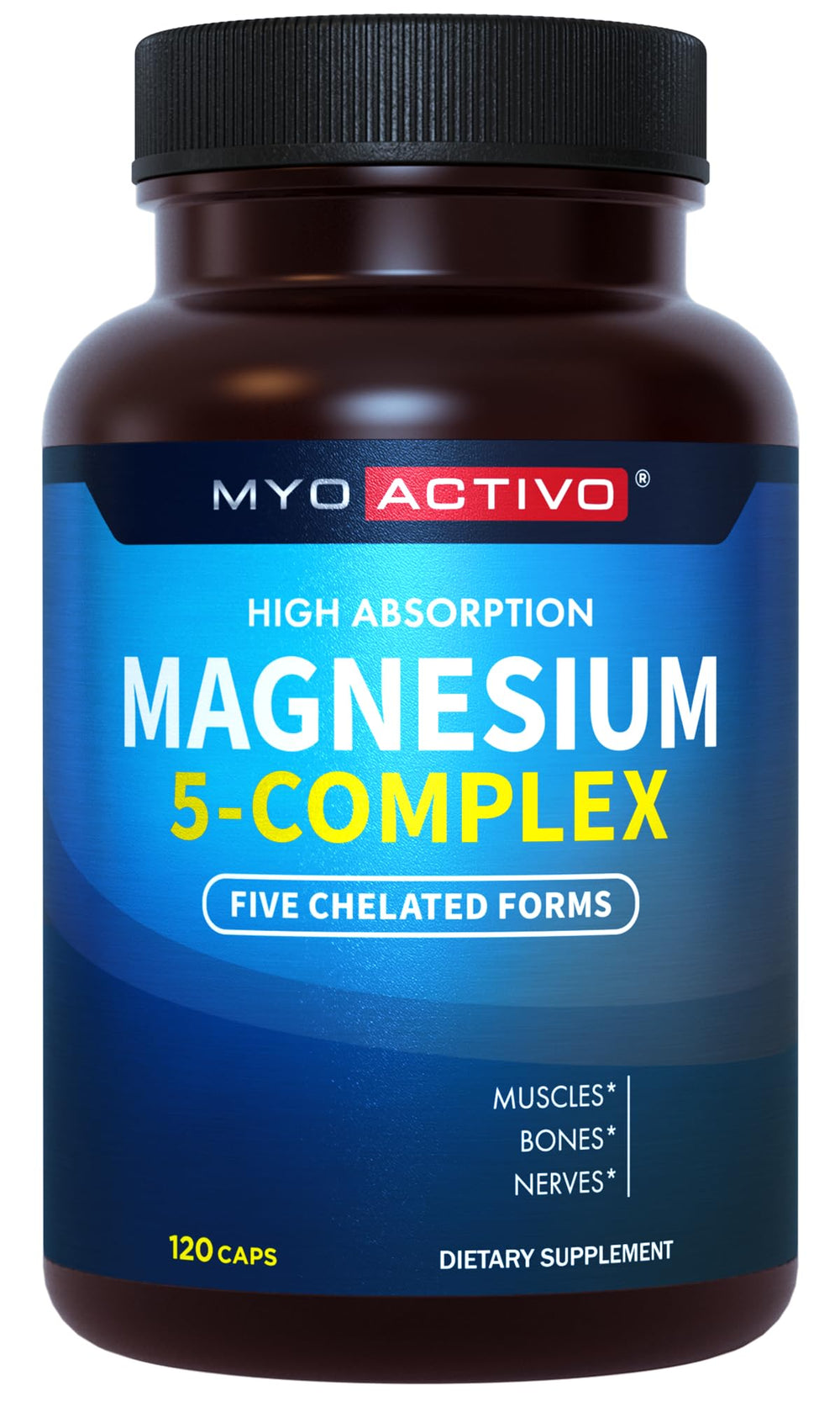 MyoActivo bottle front view promotes daily magnesium support for nerves and muscles.