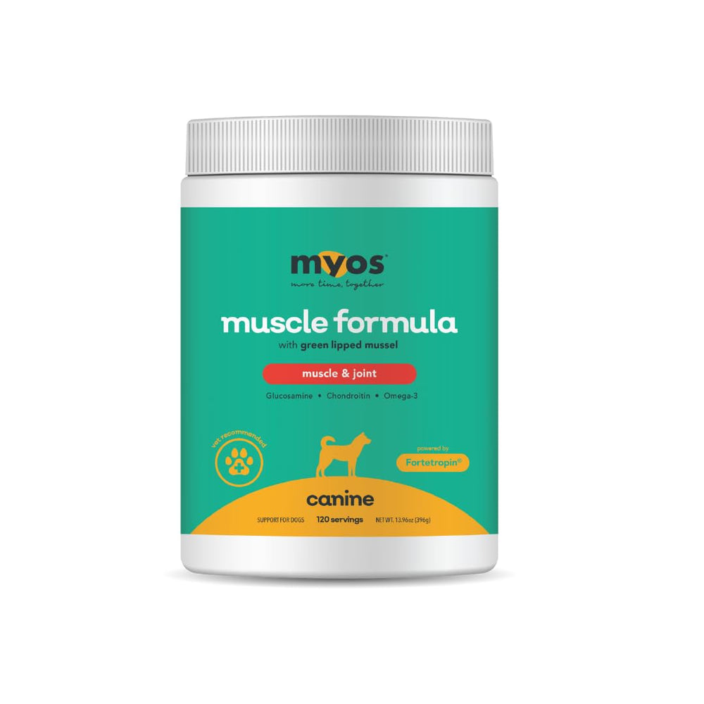 MYOS Canine Muscle Formula bottle packaging demonstrates muscle recovery and joint support.
