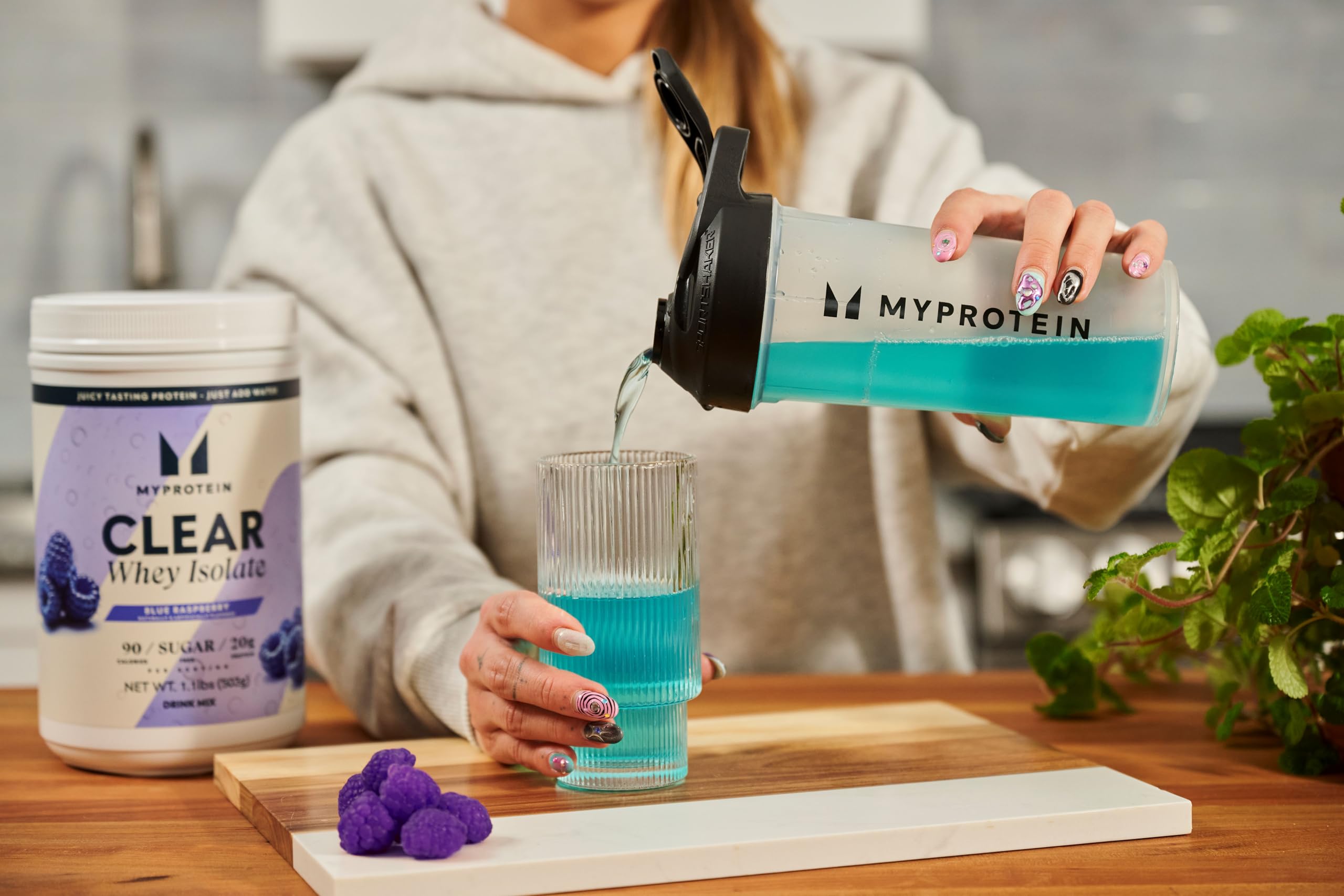 Myprotein Clear Whey Isolate blue raspberry label conveys quality and flavor variety