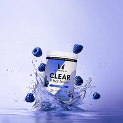Myprotein Clear Whey Isolate blue raspberry shake in glass suggests quick post-workout refreshment
