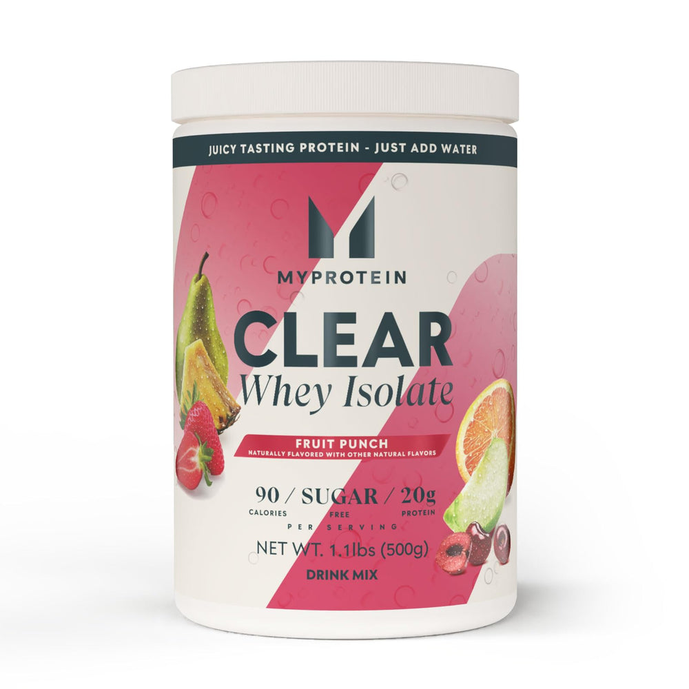Myprotein Clear Whey Isolate Fruit Punch front view, refreshing protein drink with 20g per serving