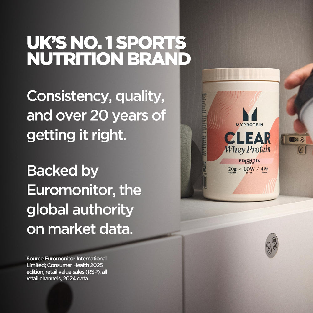 Myprotein Clear Whey Isolate Fruit Punch scoop beside bottle for easy mixing