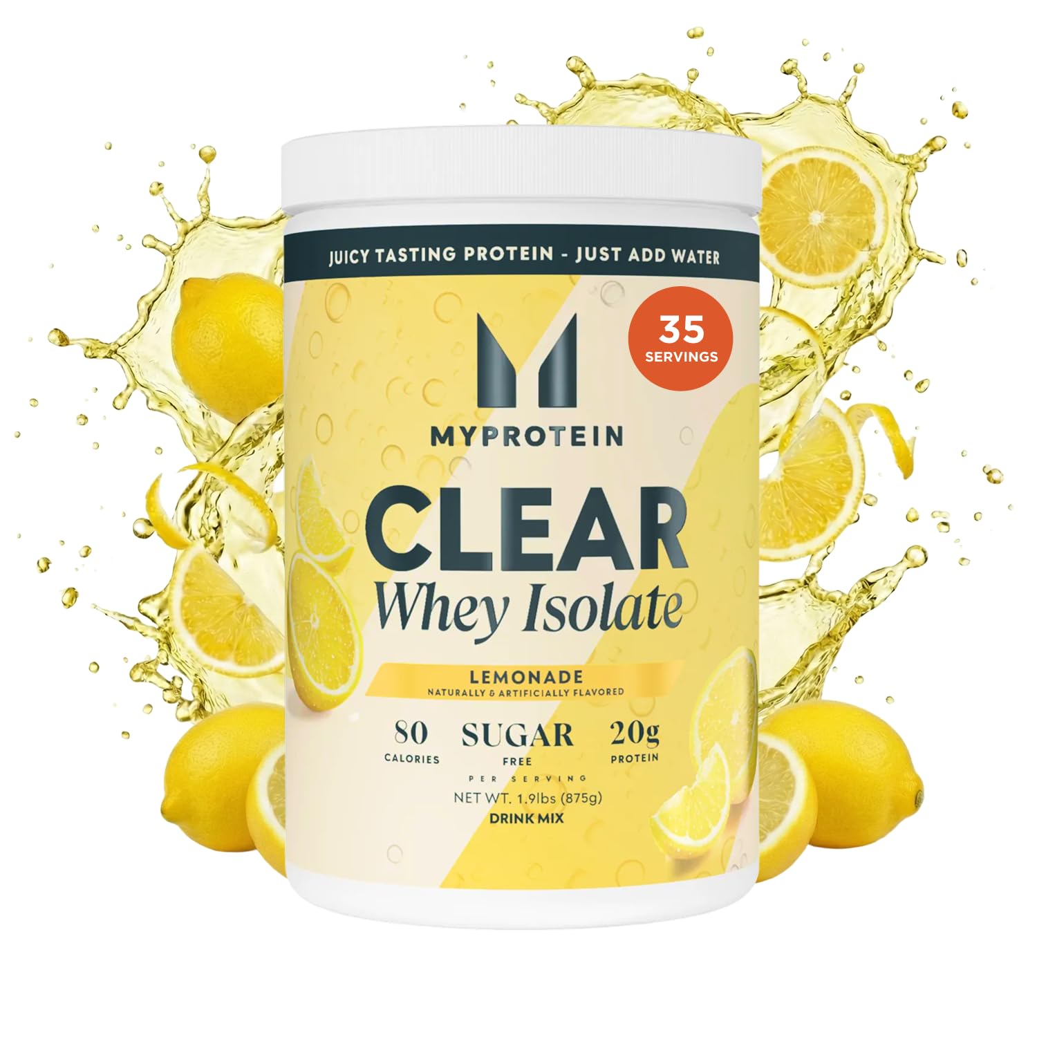 Myprotein Clear Whey Isolate Lemonade bottle pouring a refreshing post-workout hydration