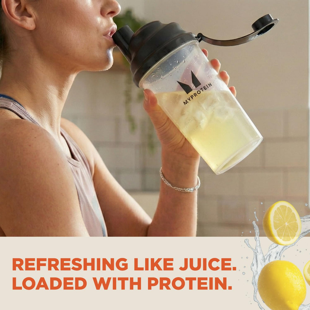 Myprotein Clear Whey Isolate Lemonade powder jar emphasizes premium packaging and supports daily protein goals