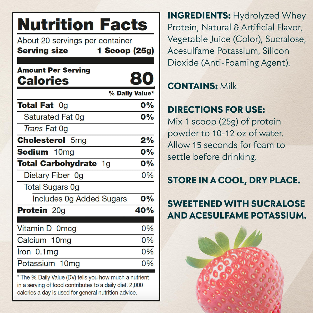 Myprotein Clear Whey Isolate Strawberry nutrition panel shows 90 calories per serving