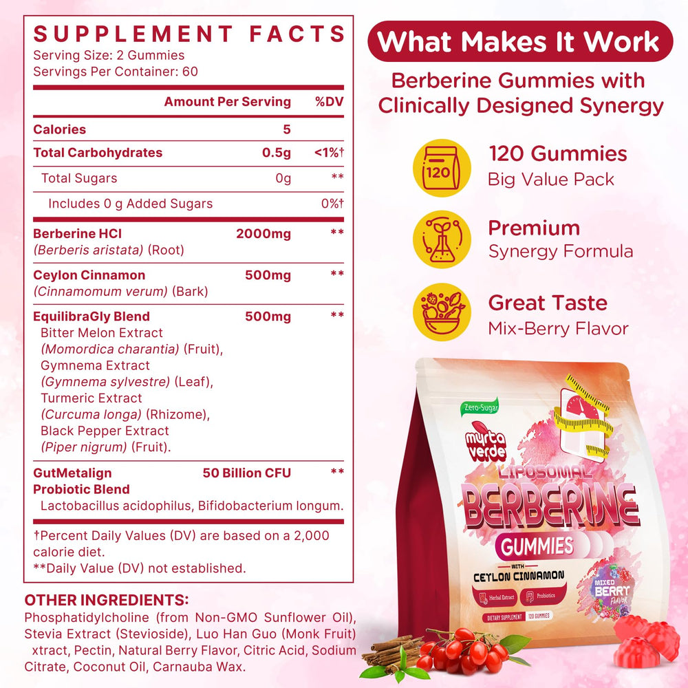 Myrtaverde Berberine gummies bottle pouring for easy daily dosing.