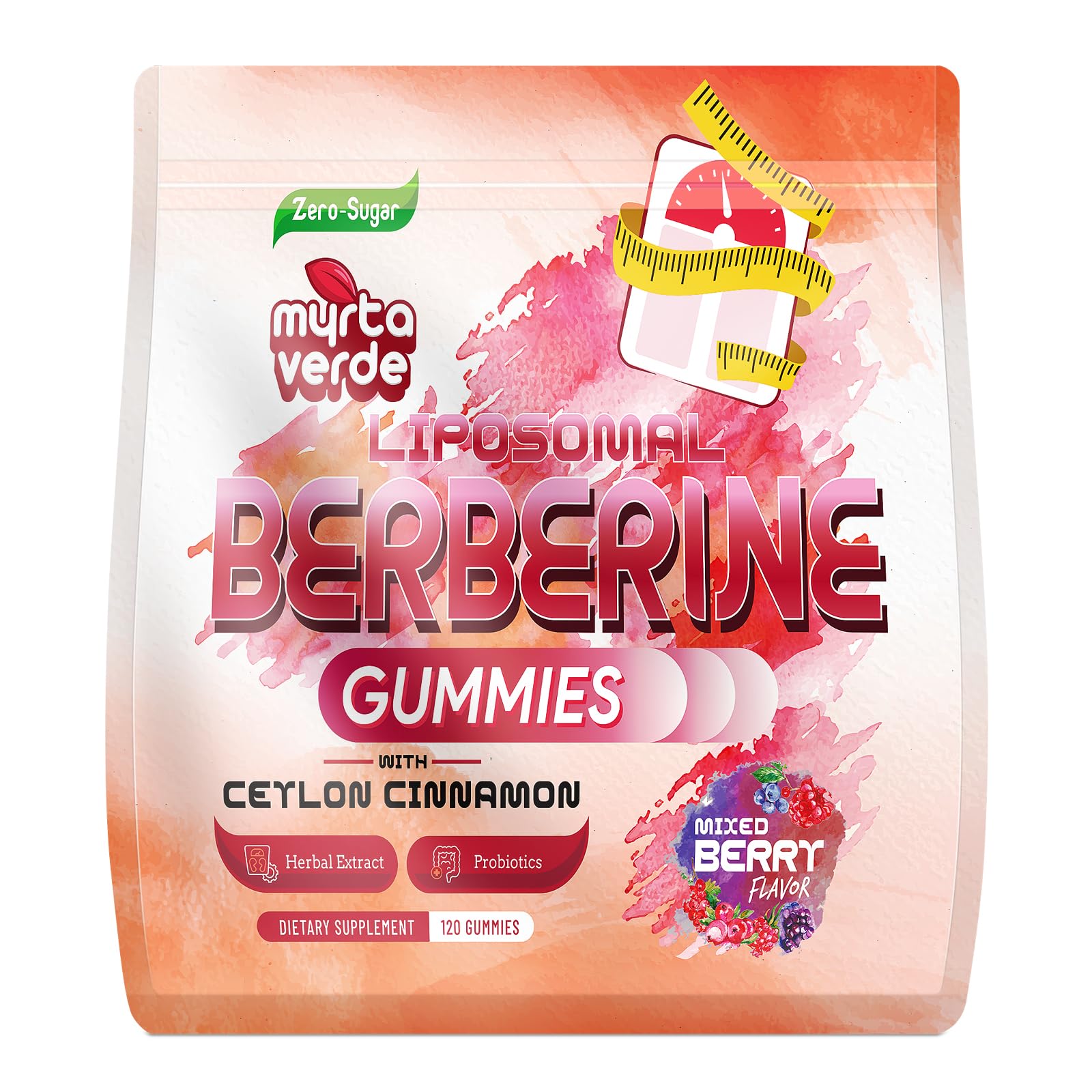 Myrtaverde Berberine gummies bottle with probiotic icon suggesting gut-friendly support.