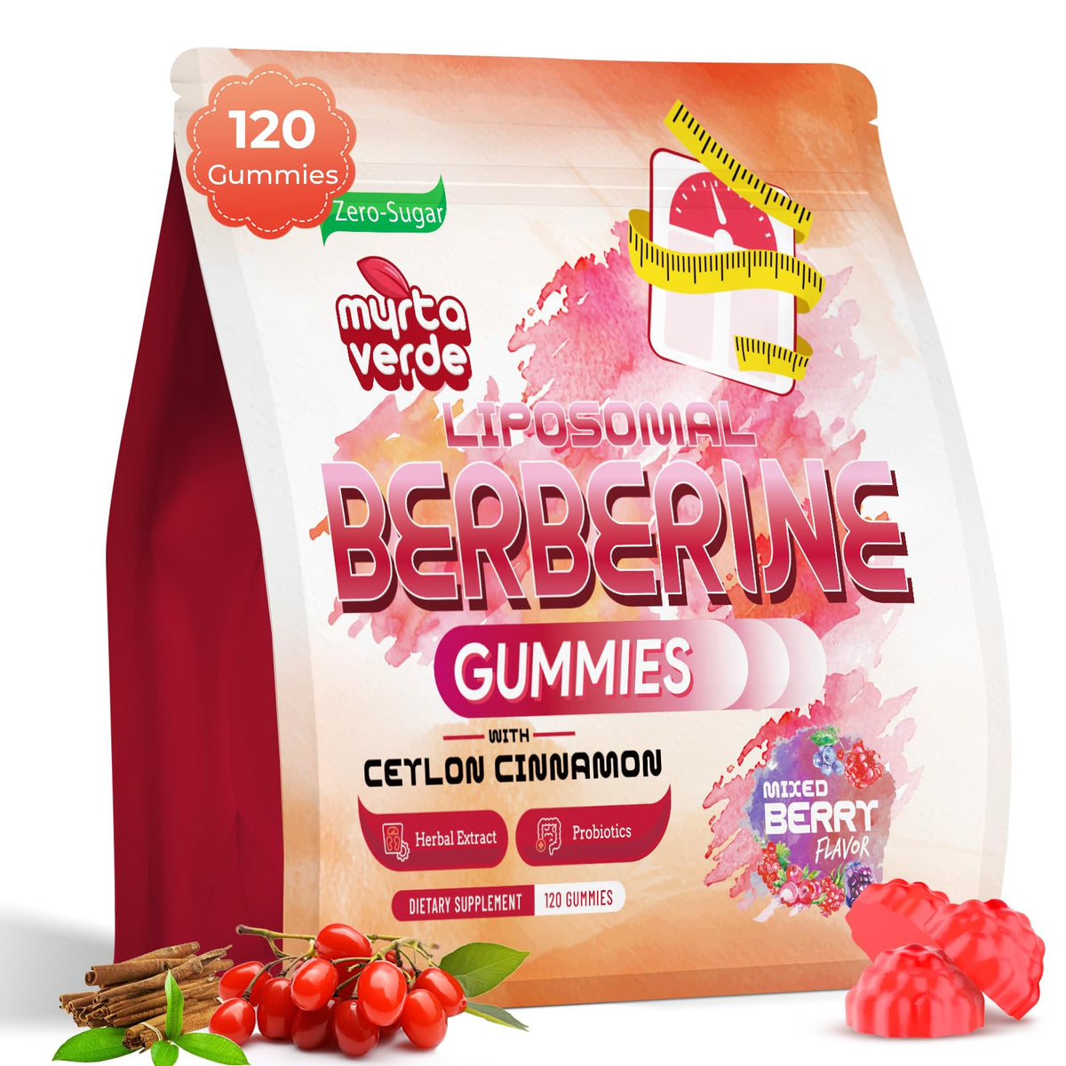 Myrtaverde Berberine gummies packaging front highlighting zero sugar for daily balance.