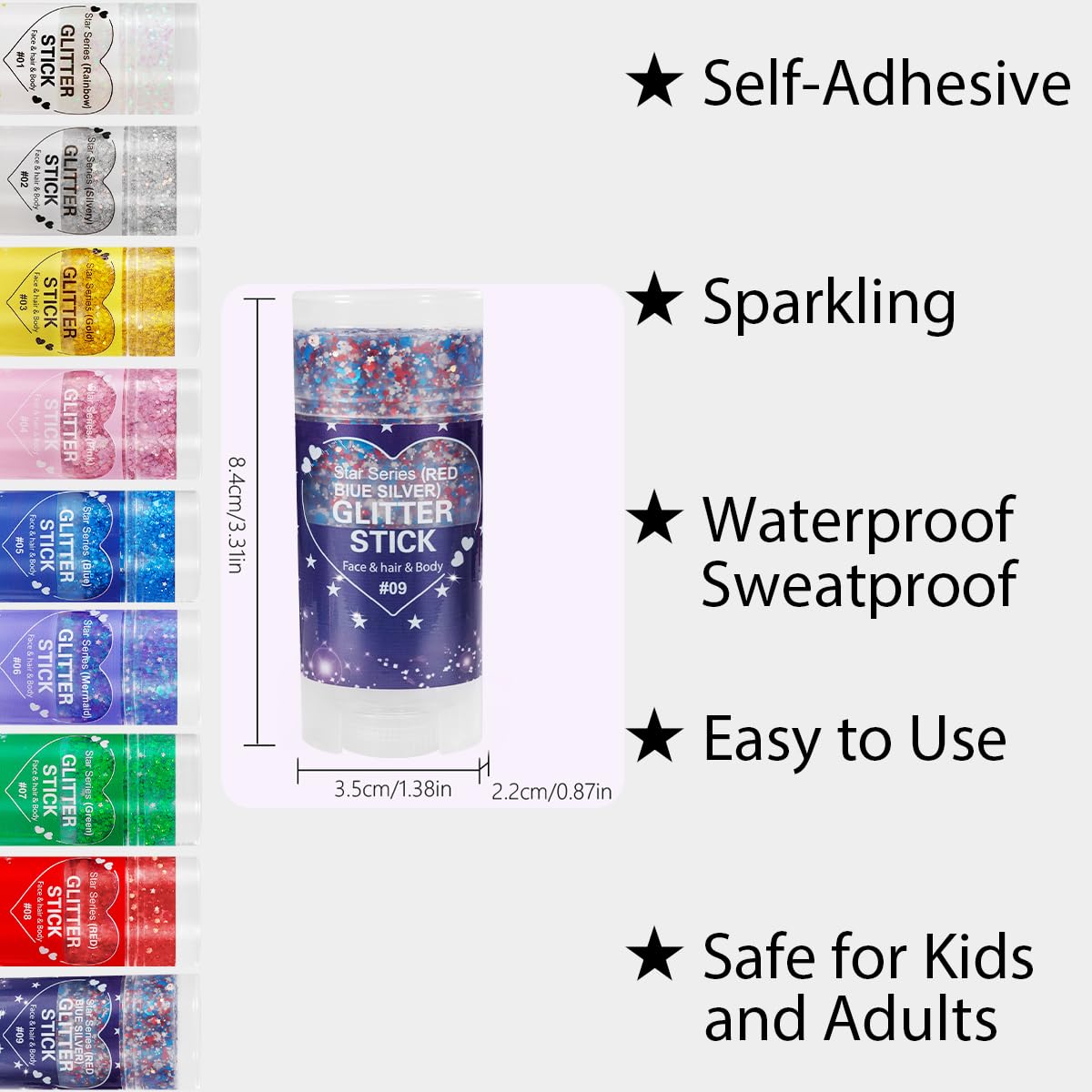 Mysense Patriotic Glitter Stick highlights cheeks with color-shifting shimmer.