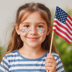 Mysense Patriotic Glitter Stick in hair creates festive red, white, blue accents.