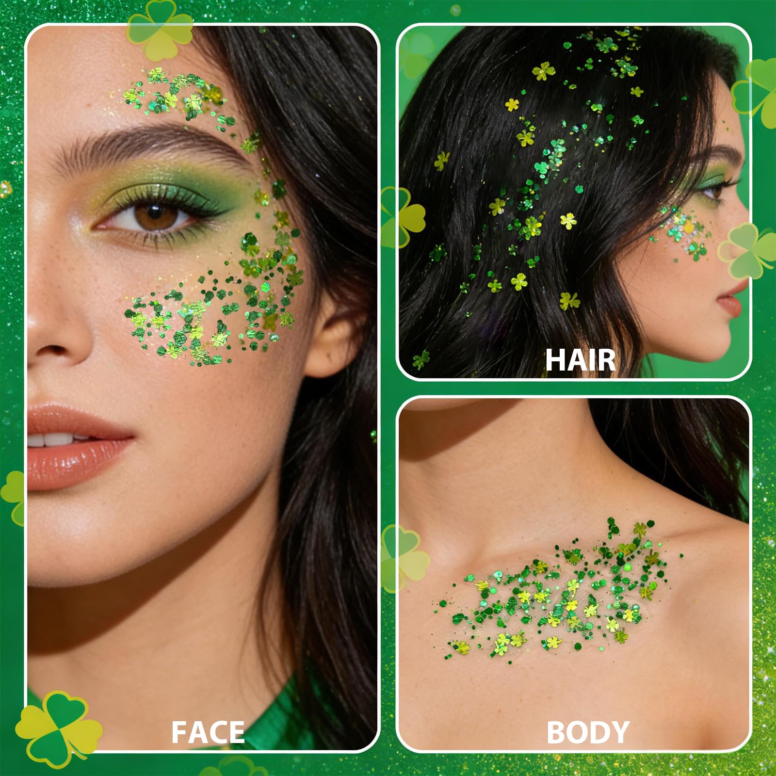 Close-up of vibrant green shimmer for festival styling