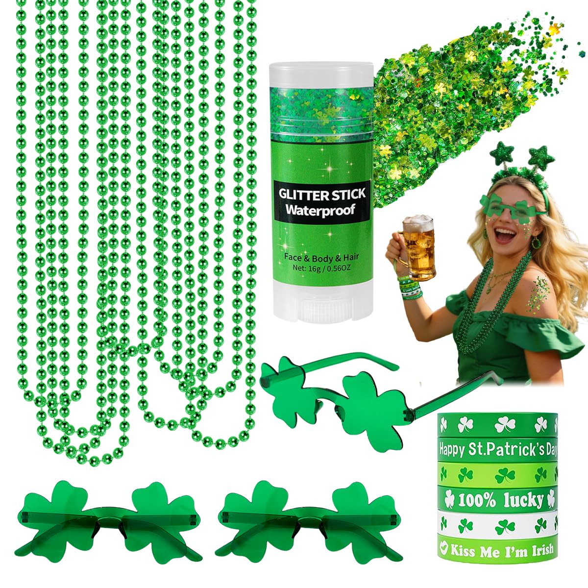 Mysense St Patrick's Day glitter stick with four-leaf clovers for radiant facial shimmer