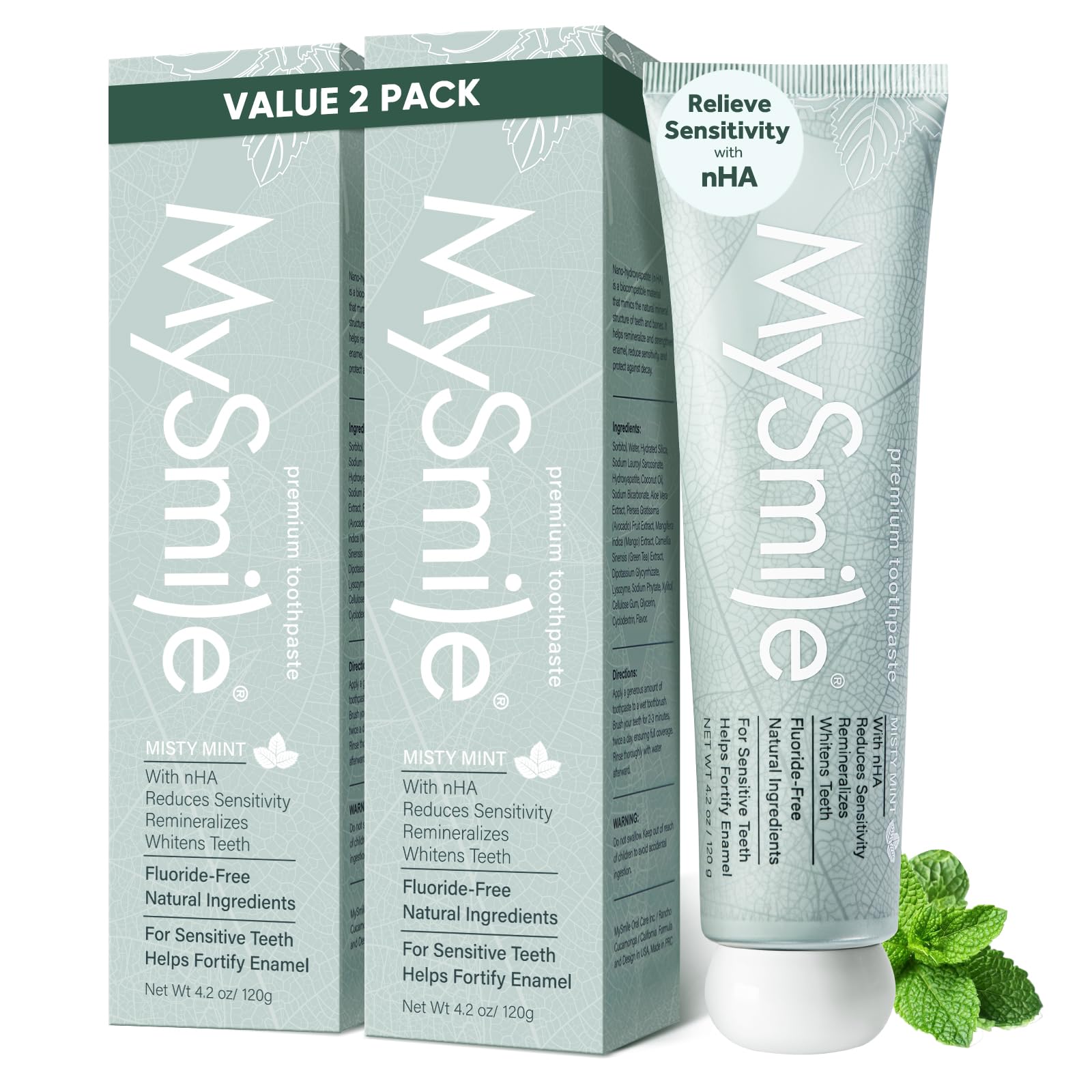 MySmile fluoride-free nano hydroxyapatite toothpaste tube promotes enamel remineralization for sensitive teeth.