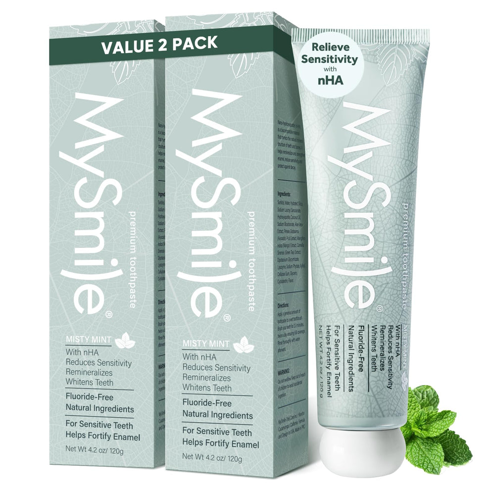 MySmile fluoride-free nano hydroxyapatite toothpaste tube promotes enamel remineralization for sensitive teeth.