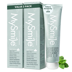 MySmile fluoride-free nano hydroxyapatite toothpaste tube promotes enamel remineralization for sensitive teeth.