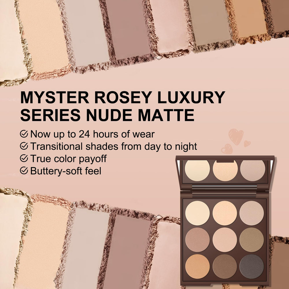 MYSTER ROSEY Neutral Eyeshadow Palette blendable velvety texture enhances seamless application.