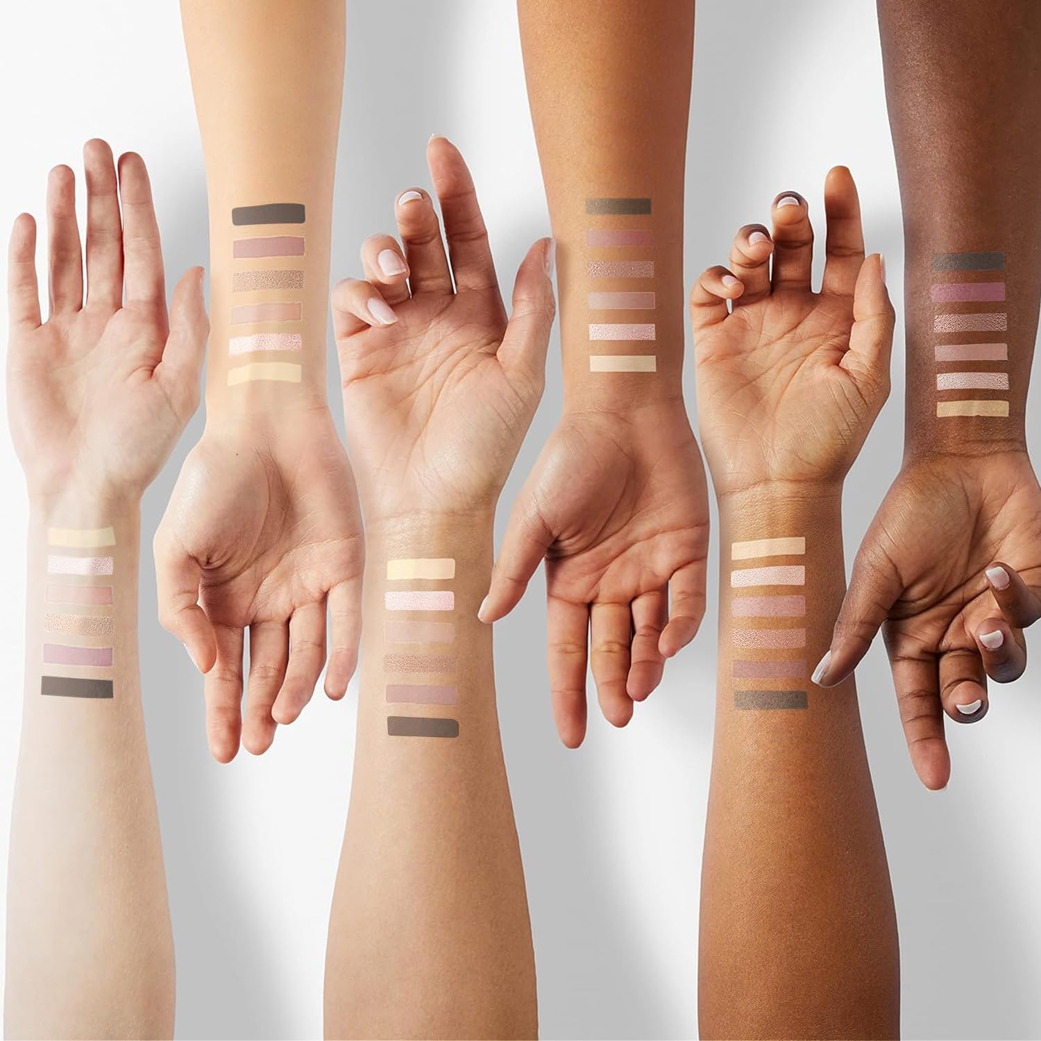 Open palette showcases six nude shades for versatile day-to-night transitions.